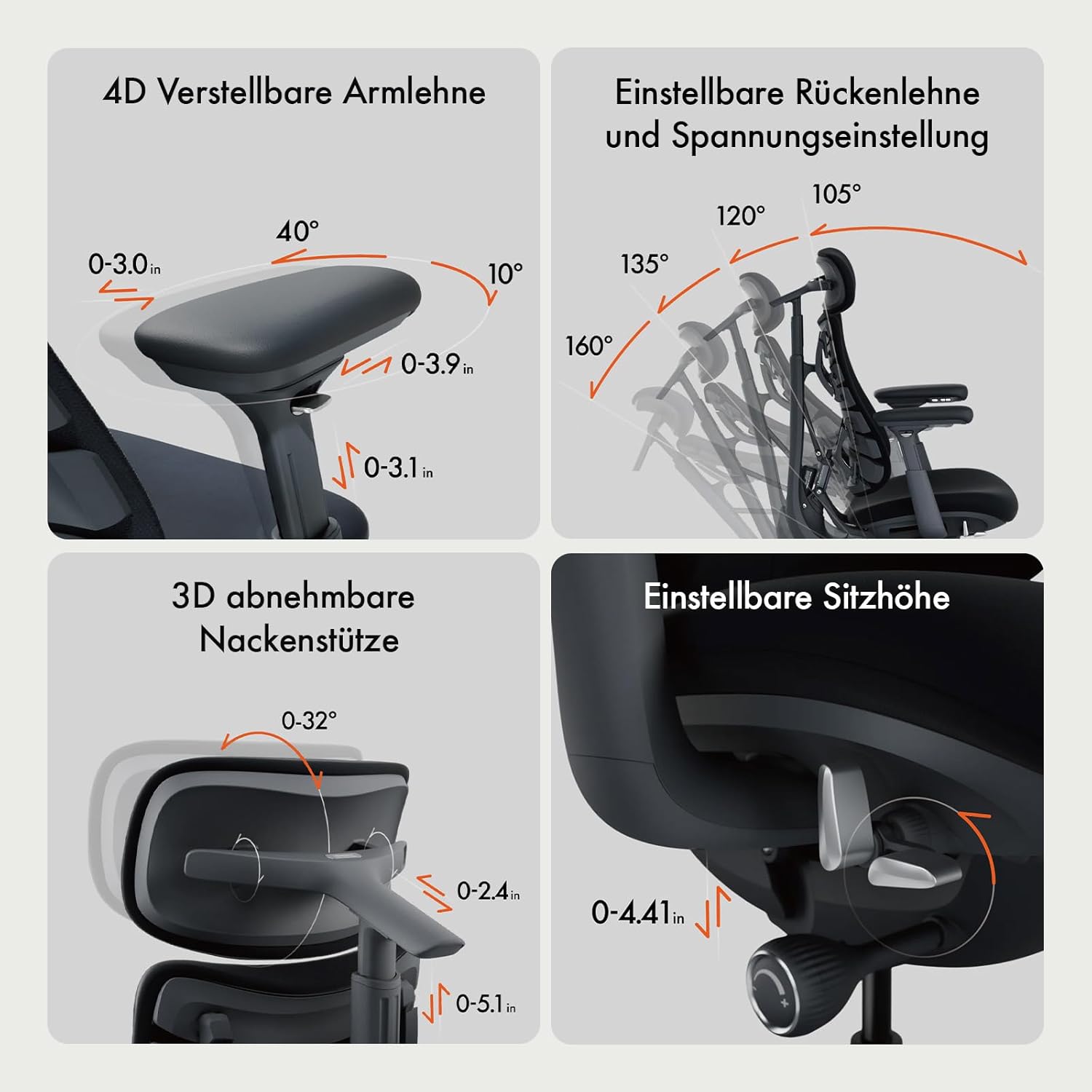 LiberNovo Ergonomischer Bürostuhl – Verstellbar mit adaptiver Lendenwirbelstütze, 160°-Neigungswinkel und integrierter Wirbelsäulendehnung, Grau, Sitztiefe 45 cm
