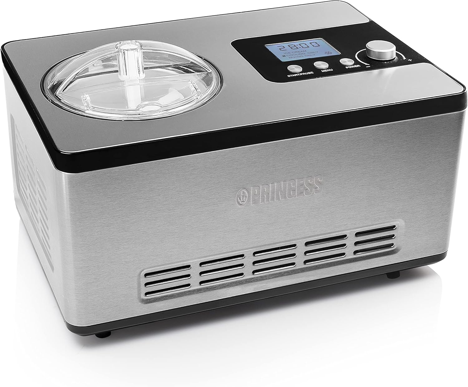 Princess Deluxe Eismachine mit 3 Leistungsstufen und eingebautem Kühlkompressor, 2 L Kapazität, professionelle Edelstahl Eismaschine, Eiscreme, Frozen Joghurt, Sorbets und Granita, 180 W, 282604