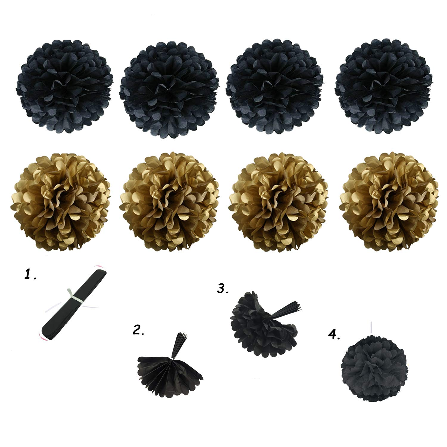 (20-tlg. Set) Papier Wimpelkette Fahnen Girlande Party Dekoration Pompon's / Rosetten - Schwarz / Gold