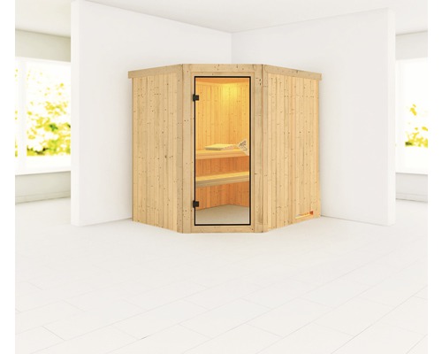 Plug & Play Sauna Karibu Silja zonder kachel en dakrand met gebronsde volledig glazen deur