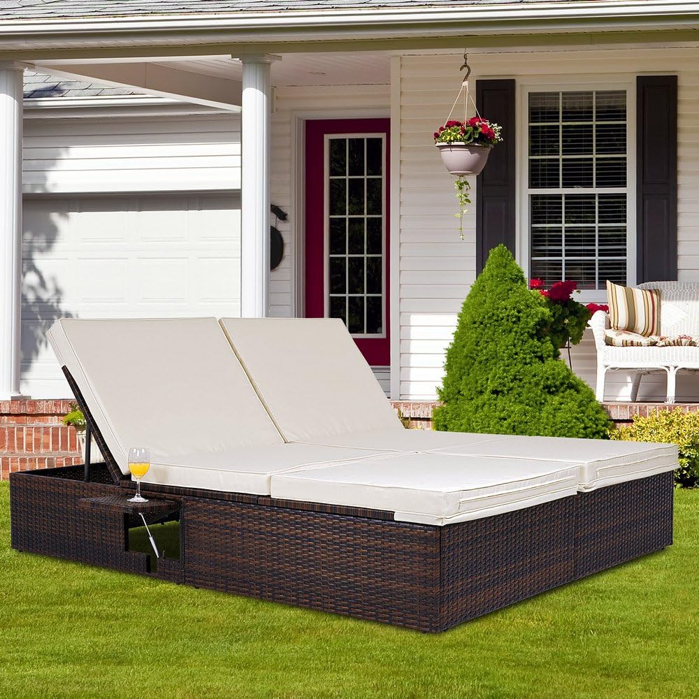 Casaria® Sonnenliege 2 Personen mit Klapptisch 7cm Auflagen Wetterfest Gartenliege 400kg Belastbar Liegestuhl Verstellbar Braun Creme 196x116cm