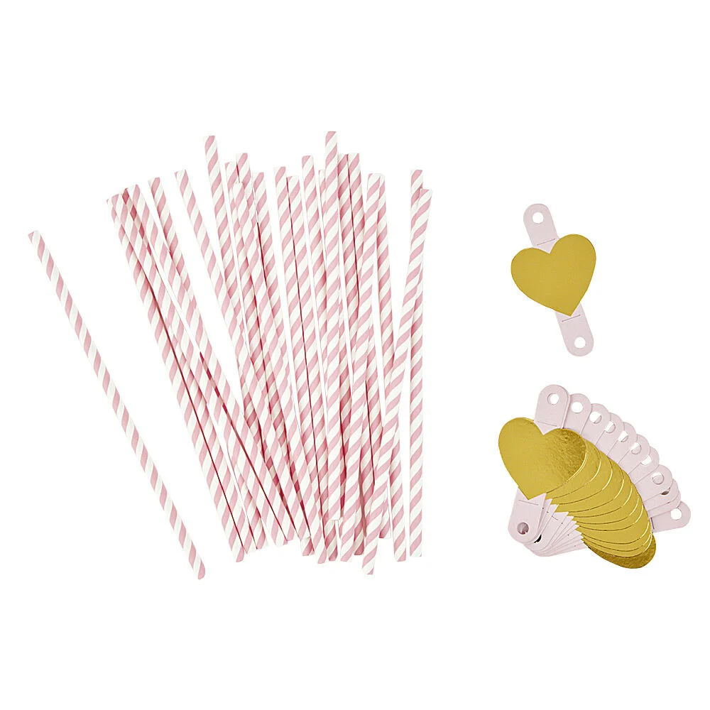 Paille rose et étiquette coeur en papier x 24
