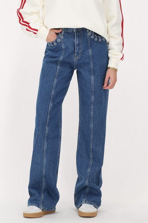 Donkerblauwe wide leg jeans met eyelets
