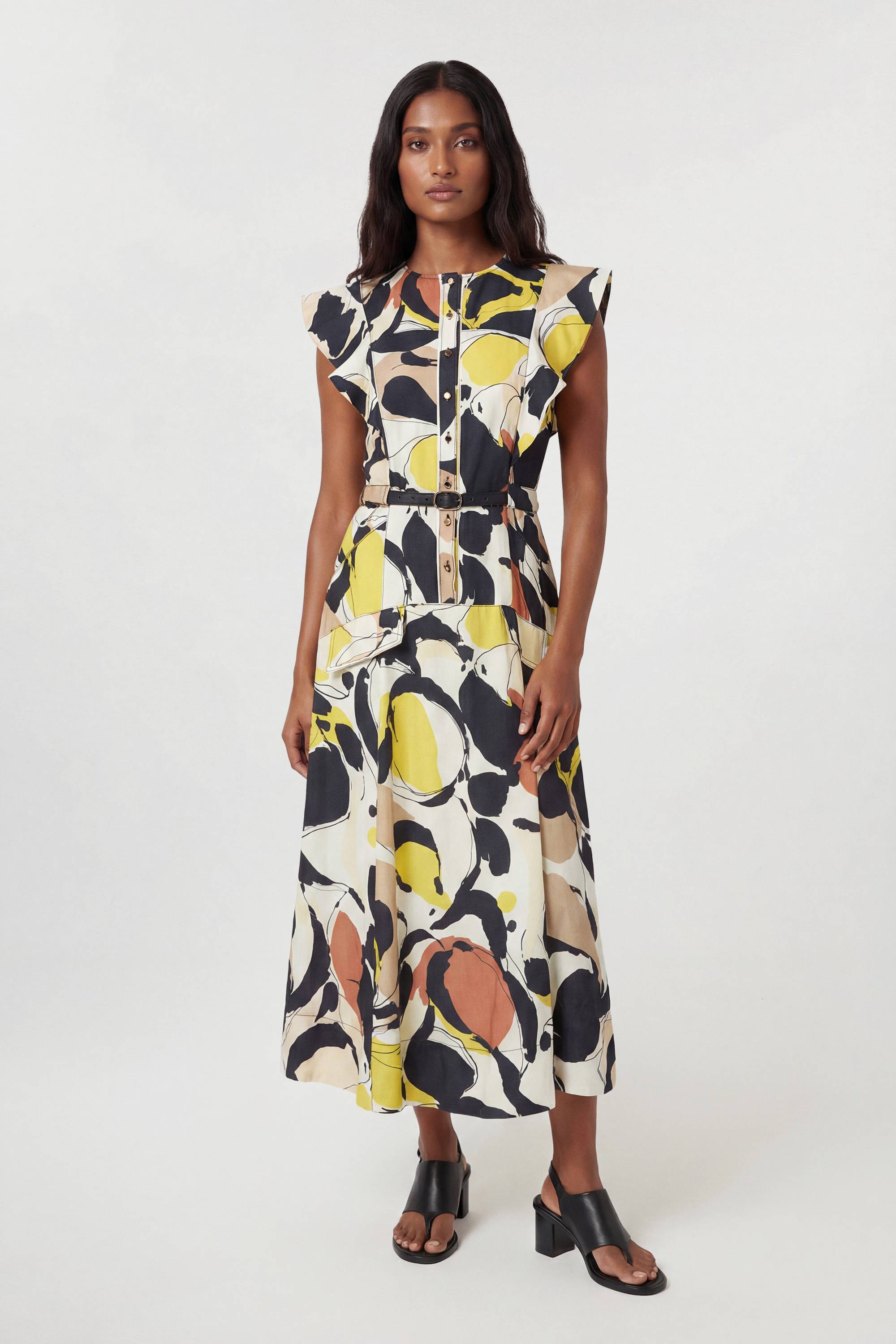 KarenMillen Robe Midi Tissée À Imprimé Abstrait En Viscose Lin Avec Manches À Volants