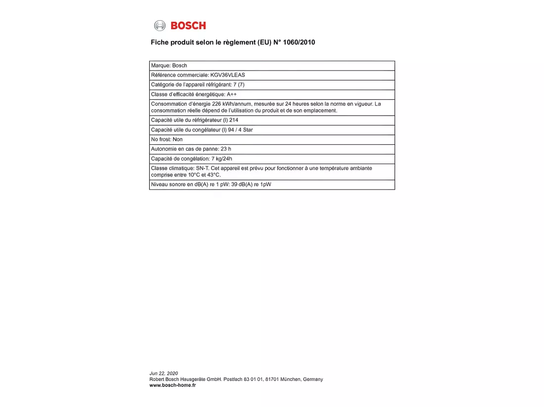 Réfrigérateurs combinés 350L Froid Statique BOSCH 60cm E, KGV 36 VLEAS