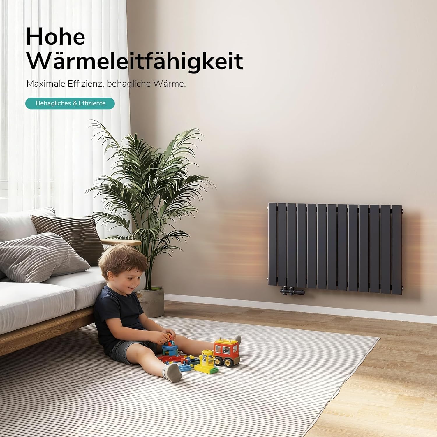 EMKE Design Heizkörper Flach, 630x850 mm Horizontal Flachheizkörper mit Seitenanschluss, Einlagig Paneelheizkörper Wandheizkörper für Bad, Schlafzimmer & Wohnzimmer, Anthrazit 210W