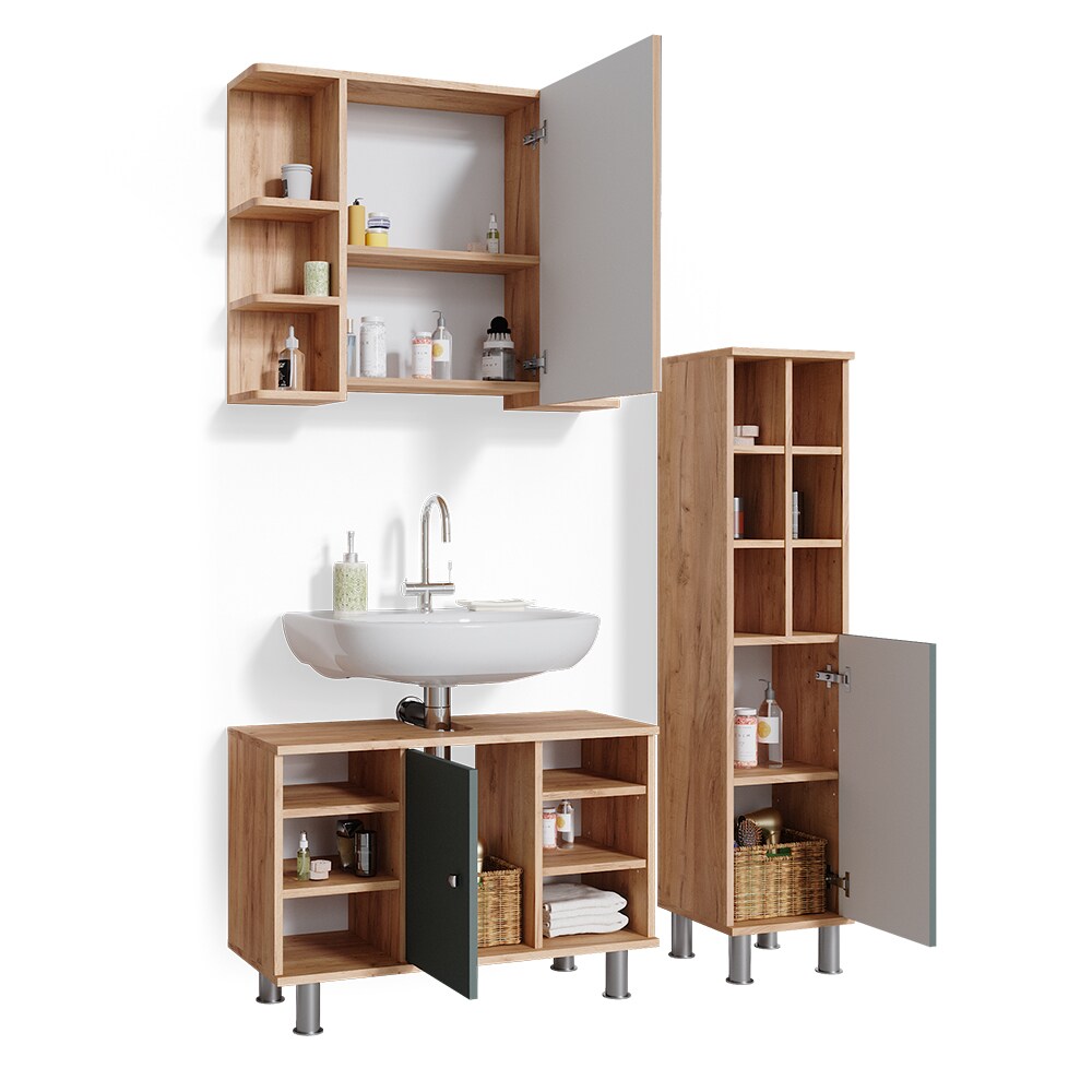 Vicco Badmöbelset Waschtischunter 80cm Spiegelschrank Midischrank große Tür Fynn