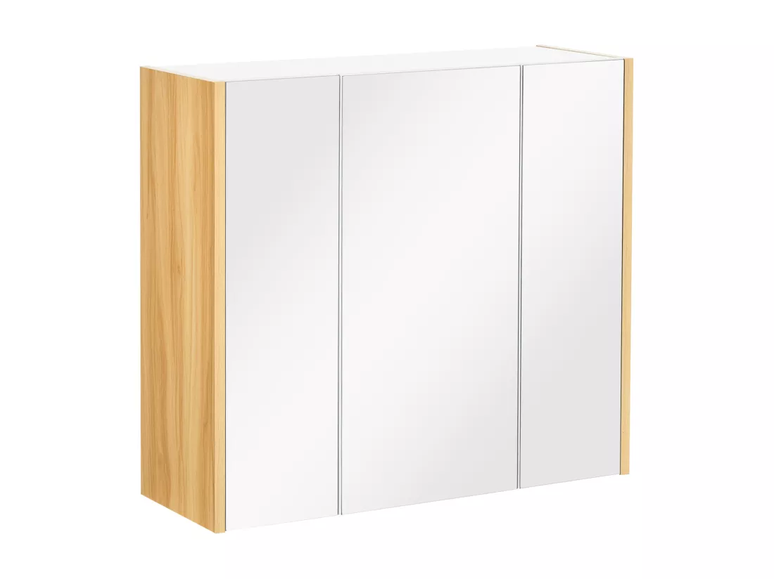 Armoire miroir salle de bain 3 portes 4 étagères aspect bois clair blanc