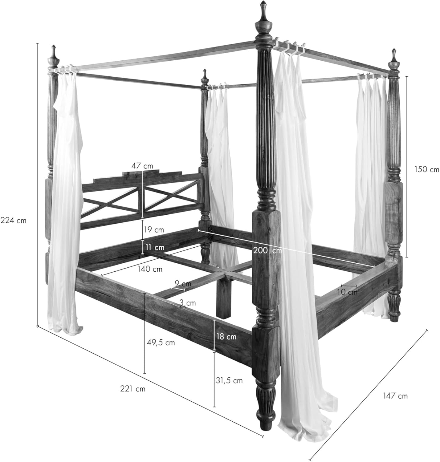 MASSIVMOEBEL24.DE Oxford Himmelbett Akazie 147x221x224, Farbe:Dunkelbraun lackiert