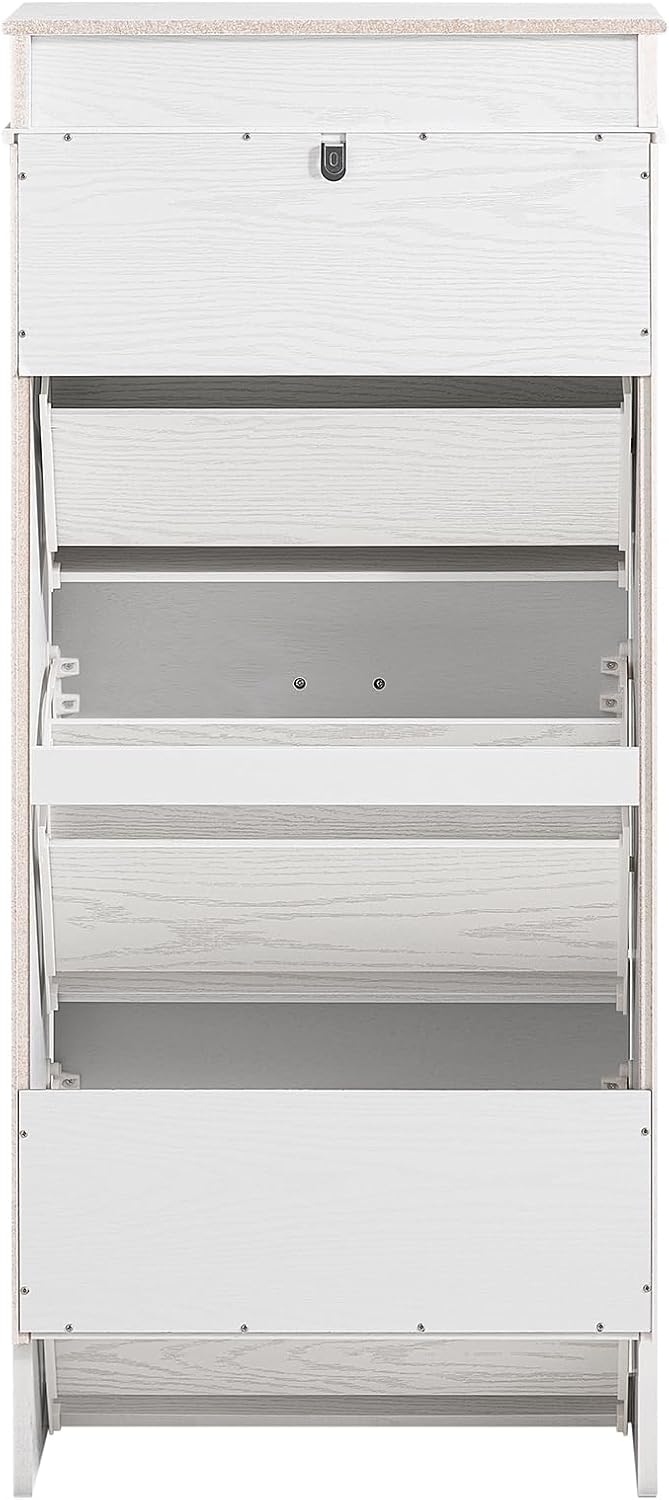 SoBuy Schuhschrank Schmal mit 3 Klappen - Schmaler Schuhkipper, Verstellbares Schuhregal für Flur & Eingangsbereich Flurschrank mit Kippsicherung 53x120x24cm Weiß Vintage Holzmaserungseffekt FSR94-WG