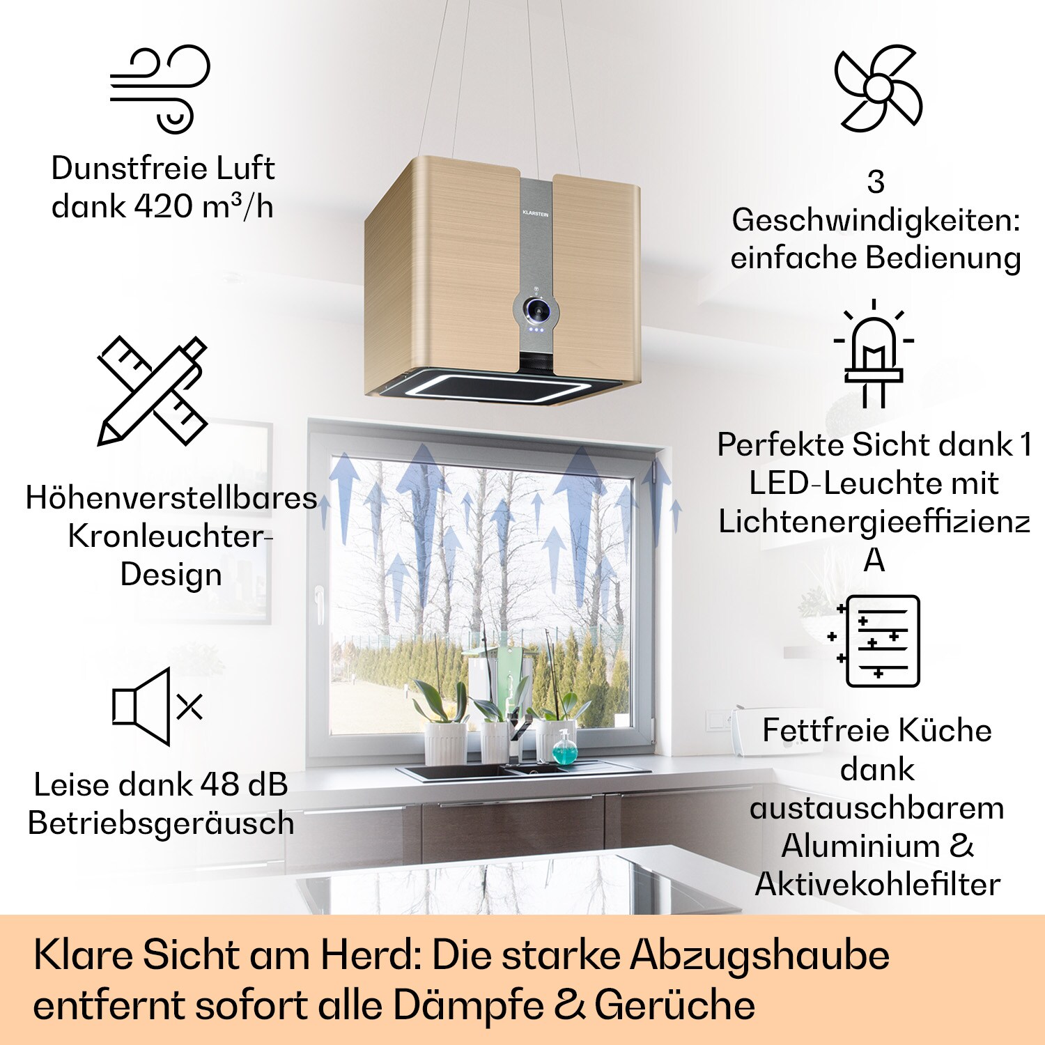 Futurelight Smart Inselabzugshaube Umluft 420m³/h LED Edelstahl Gold