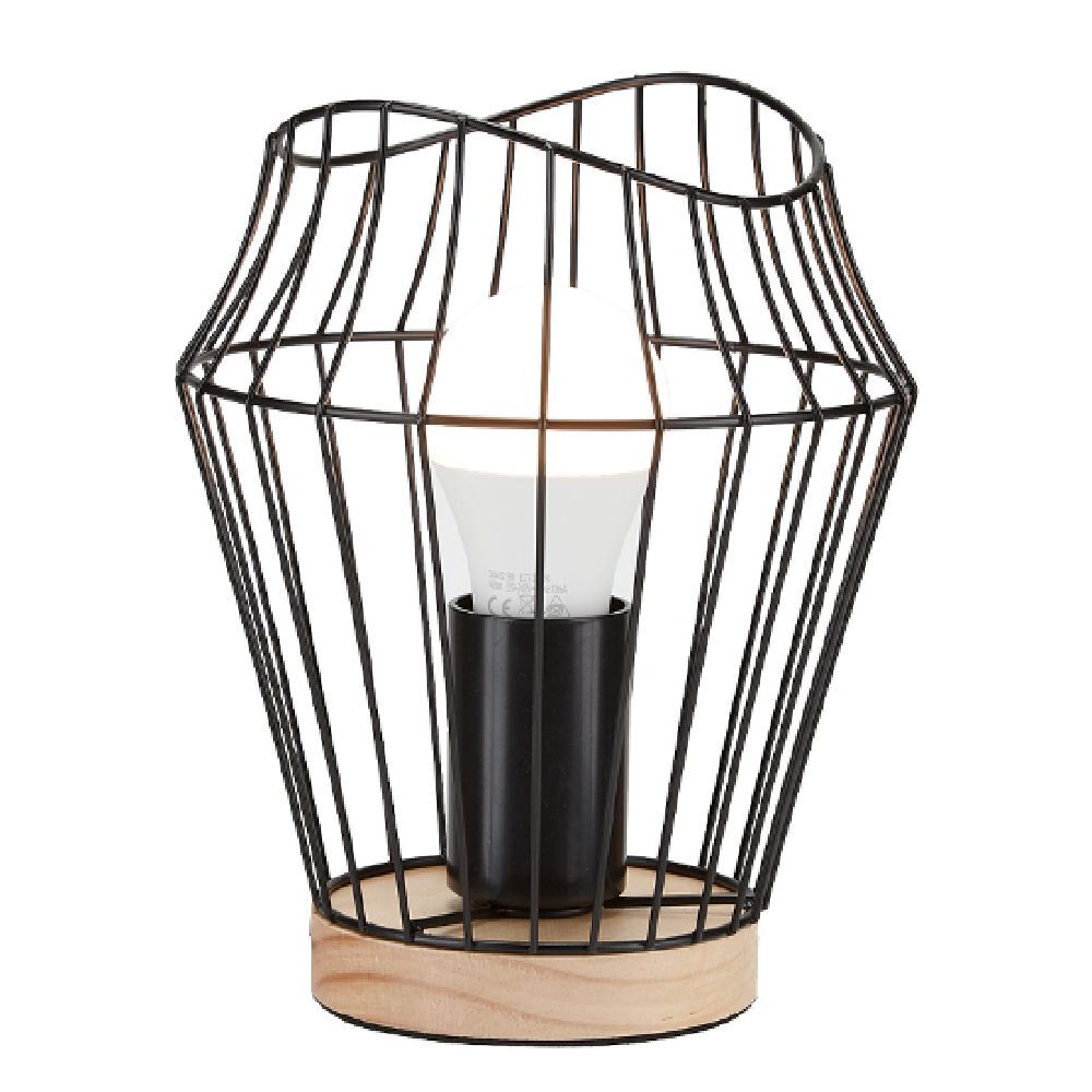 Lampe à poser socle pin naturel armature métal noir