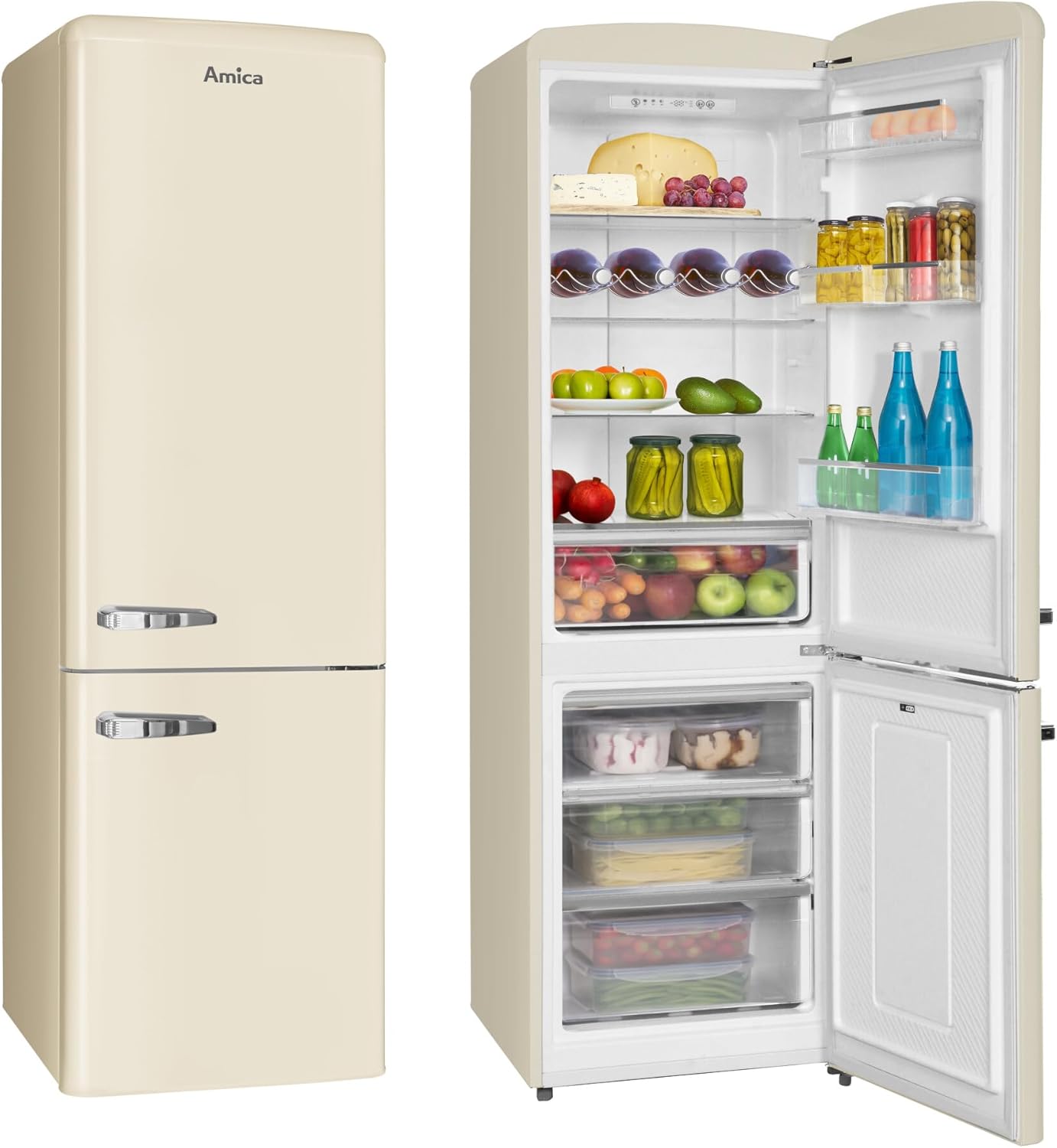 Amica KGCR 387 109 B Retro Kühl-/Gefrierkombination/NoFrost/Beige / 200cm (H) x 60cm (B) x 73cm (T) / Retro-Design/Kühlschrank mit Gefrierfach