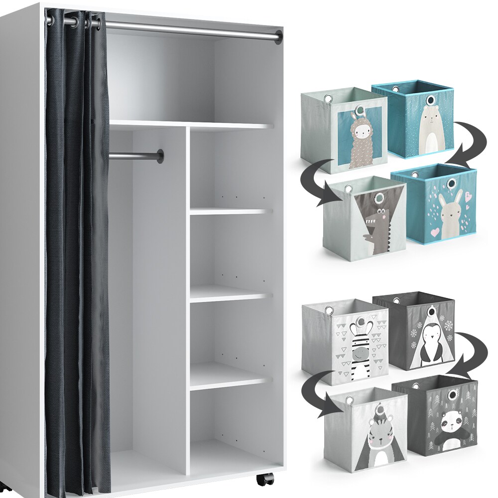 Vicco mobiler Kinderkleiderschrank Dielenschrank Garderobe Doros Weiß modern 100 x 168 cm Faltboxen offen rollbar