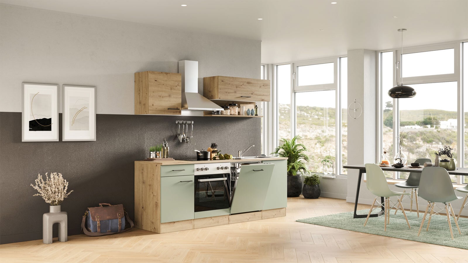 Küchenblock Cara Schilfgrün/Artisan Eiche NB 220cm