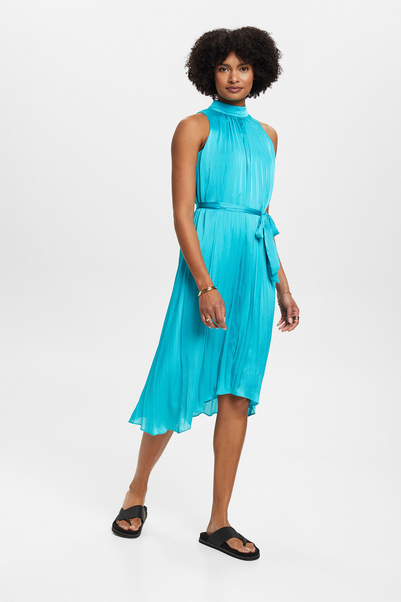 Vestido midi plissado sem mangas em cetim - Turquesa