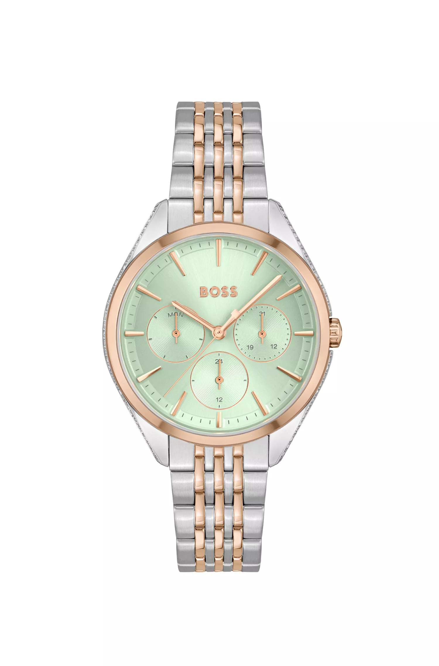 Relógio BOSS bicolor preto com mostrador verde e detalhes em cristal.
