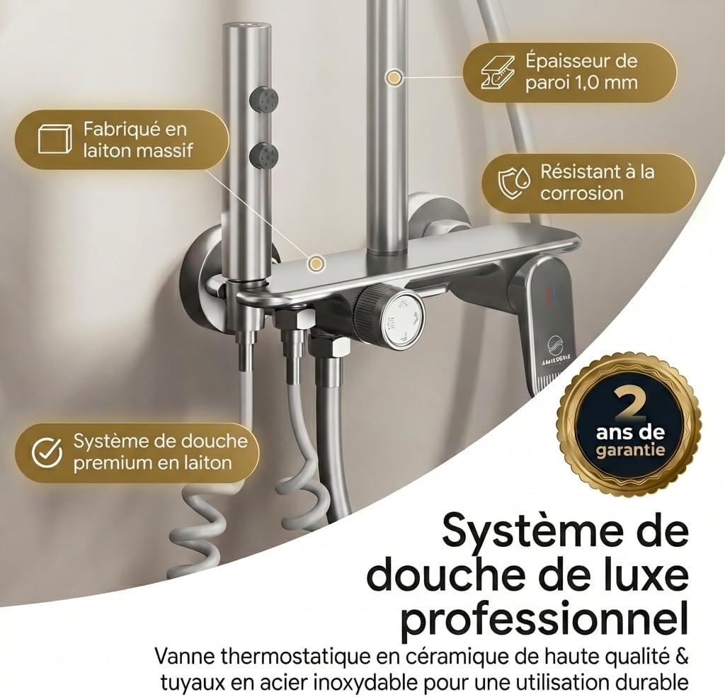 Duschsystem Komplettset für Bad & Dusche Regendusche mit 3-Funktions Handbrause | Thermostat Armatur Messing & Edelstahl Duschsäule Duschgarnitur & Duschbrause mit Ablage Anti Kalk Beschichtung chrom