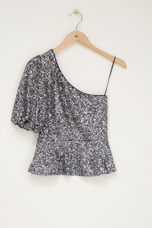 Zilverkleurige one-shoulder top met pofmouw