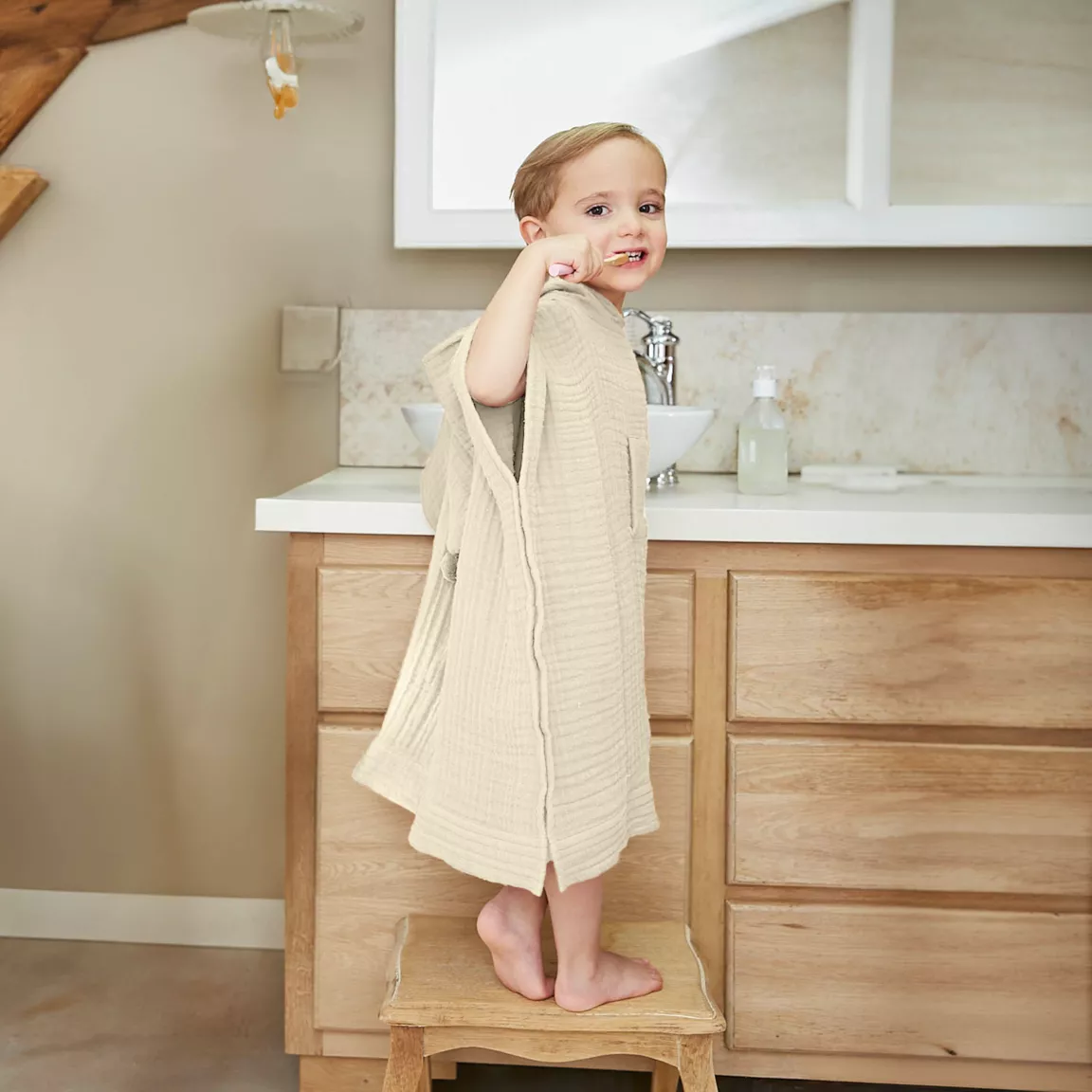 Poncho de bain enfant gaze de coton 2/5 ans Gaïa Beige pampa
