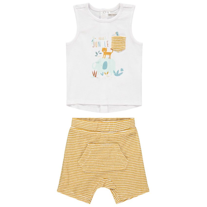 Ensemble avec débardeur motif jungle et bermuda en éponge rayé - Moutarde