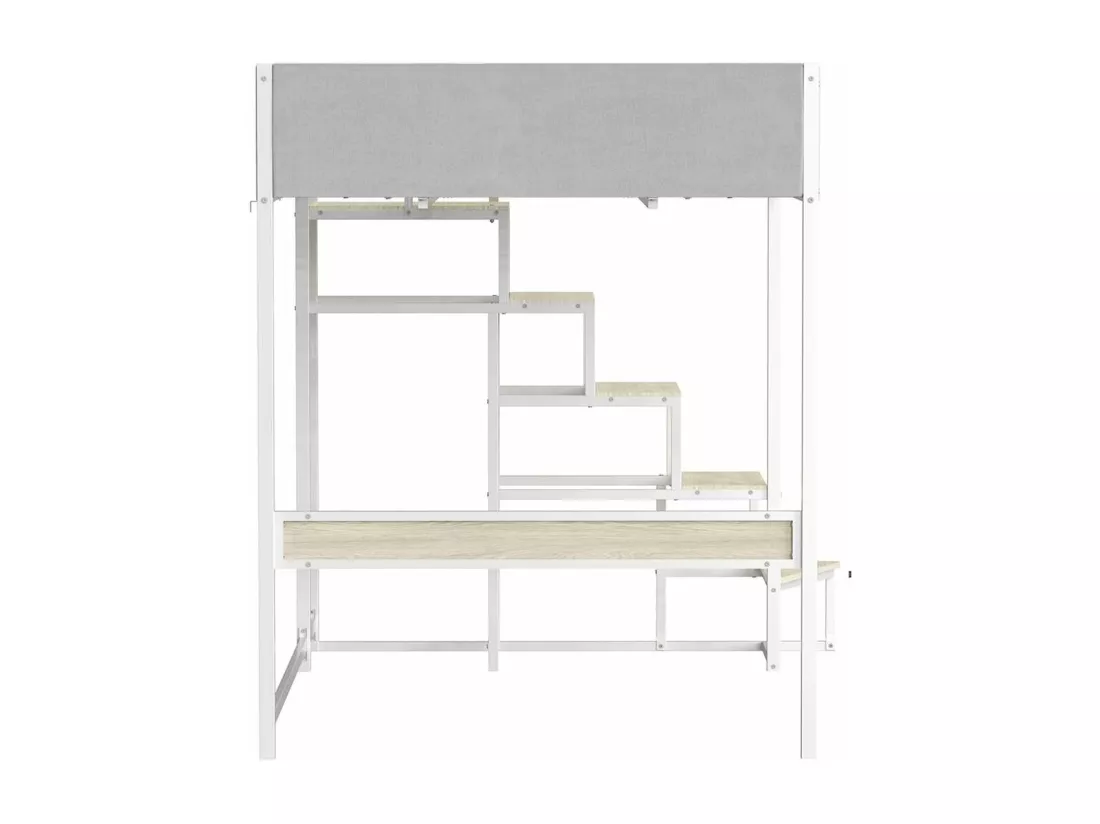 Lit mezzanine avec sommier + escalier en tissu gris clair, métal blanc et mélamine imitation chêne - grand couchage 140x190 cm - DOCKLAND