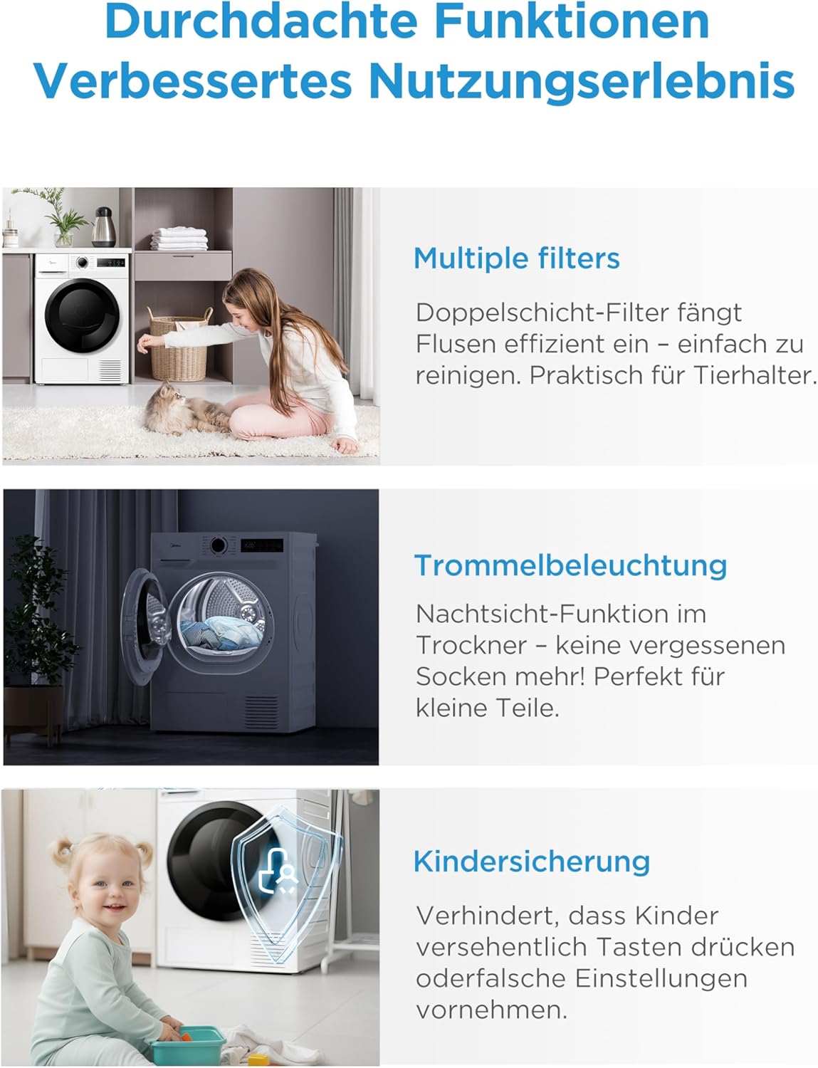 Midea MD11EH70BD Wärmepumpentrockner, 7 kg, Energieklasse D, Schnelltrocknen 35', HealthGuard, Sensor-Trocknung, Auffrischen,Knitterschutz, Auffrischen Wolle, Weiß