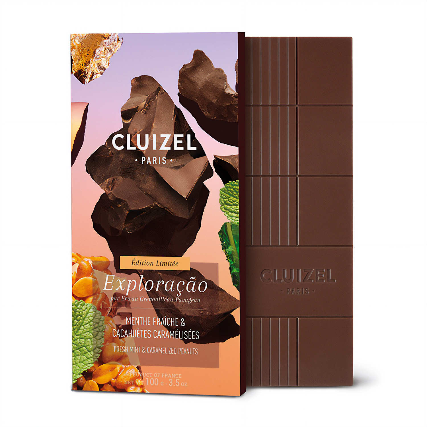 Tablette de chocolat noir Exploraçao 73% - Feuilles de menthe & cacahuètes caramélisées