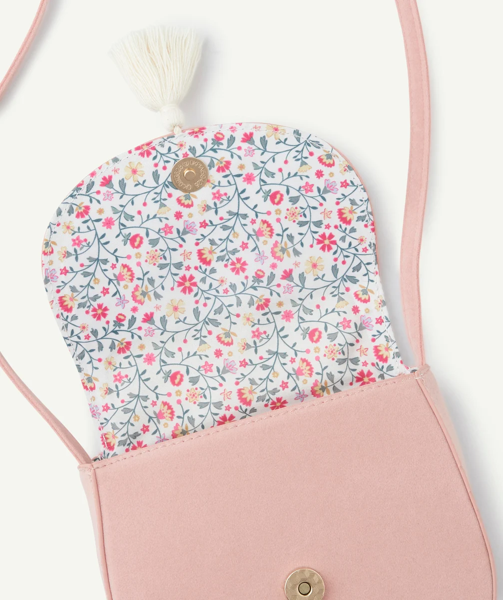 SAC À BANDOULIÈRE FILLE ROSE AVEC POMPON ET INTÉRIEUR IMPRIMÉ FLEURI
