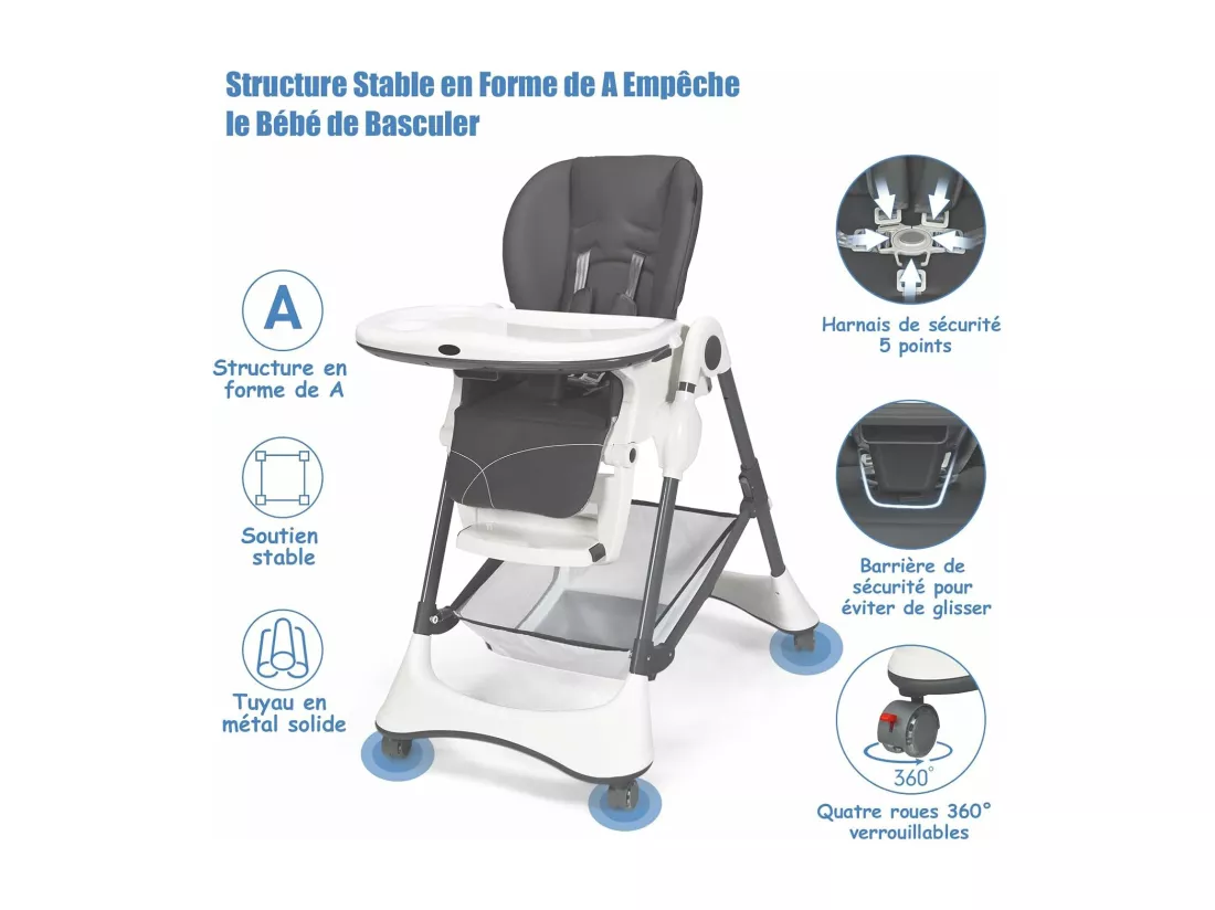 Chaise Haute Bébé 4-en-1 Portable, Chaise Inclinable pour Tout-Petits avec Double Plateau Détachable, Siège Enfant Réglable avec Harnais à 5 Points, Coussin en PU et Roue Verrouillable (Gris)