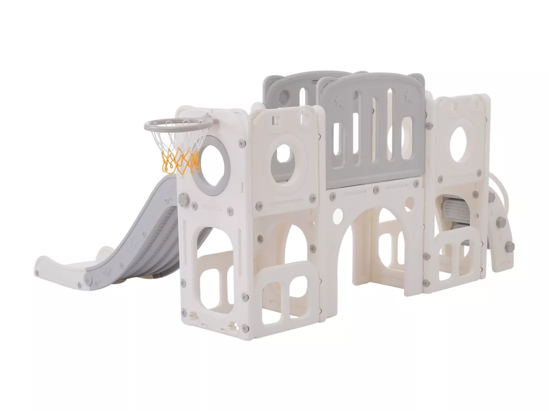 Toboggan 6 en 1 en PEHD pour enfant, avec plate-forme, escalier, 2 zondes de rangement, arcade, panier de basket, gris