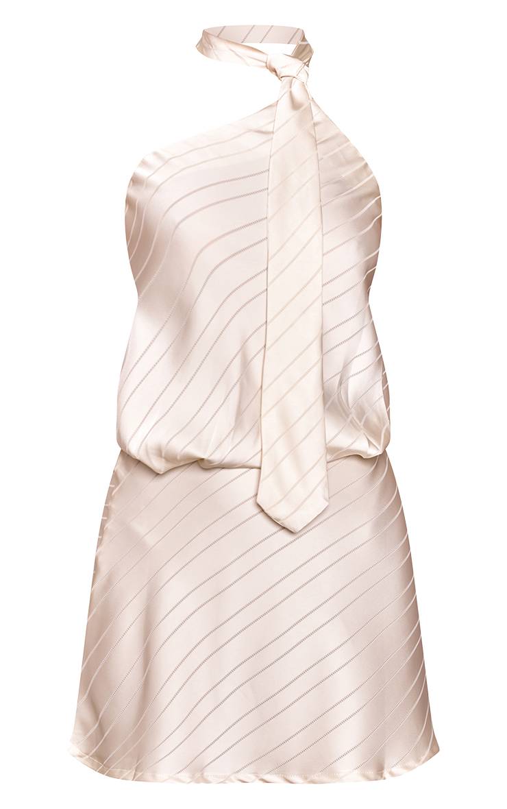 Crème Robe Courte En Satin À Rayures Avec Détail Noué