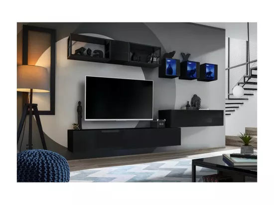 Vitrine noire carrée suspendue avec 1 porte vitrée et éclairage LED inclus. Collection SWITCH.