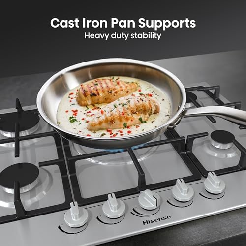 Hisense GM663XB Plaque de cuisson à gaz, 4 zones de cuisson, largeur 60 cm, brûleur wok double couronne et grilles en fonte, allumage intégré, anti empreintes digitales en acier inoxydable : Gros électroménager