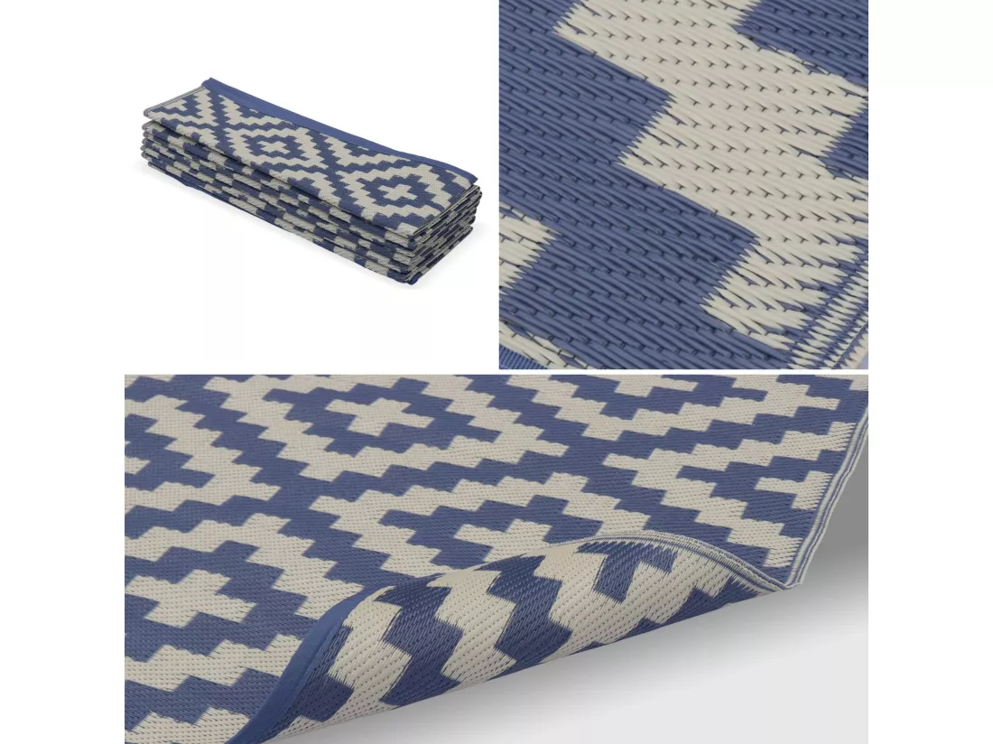 Tapis d’extérieur 270x360cm STOCKHOLM - Rectangulaire. motif losanges bleu / beige. jacquard. réversible. indoor / outdoor.