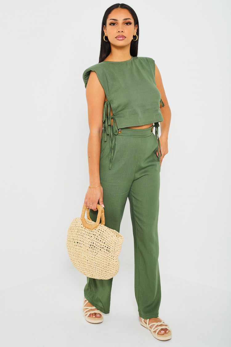 Ensemble 2 pièces crop top + pantalon kaki en lin