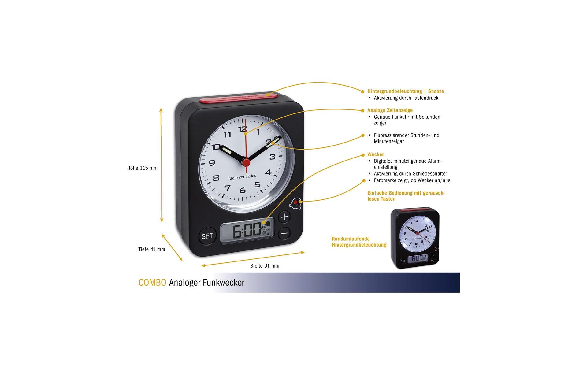 Funkwecker Combo Gelb/SchwarzAnaloger Funk-Wecker mit digitaler Alarmeinstellung