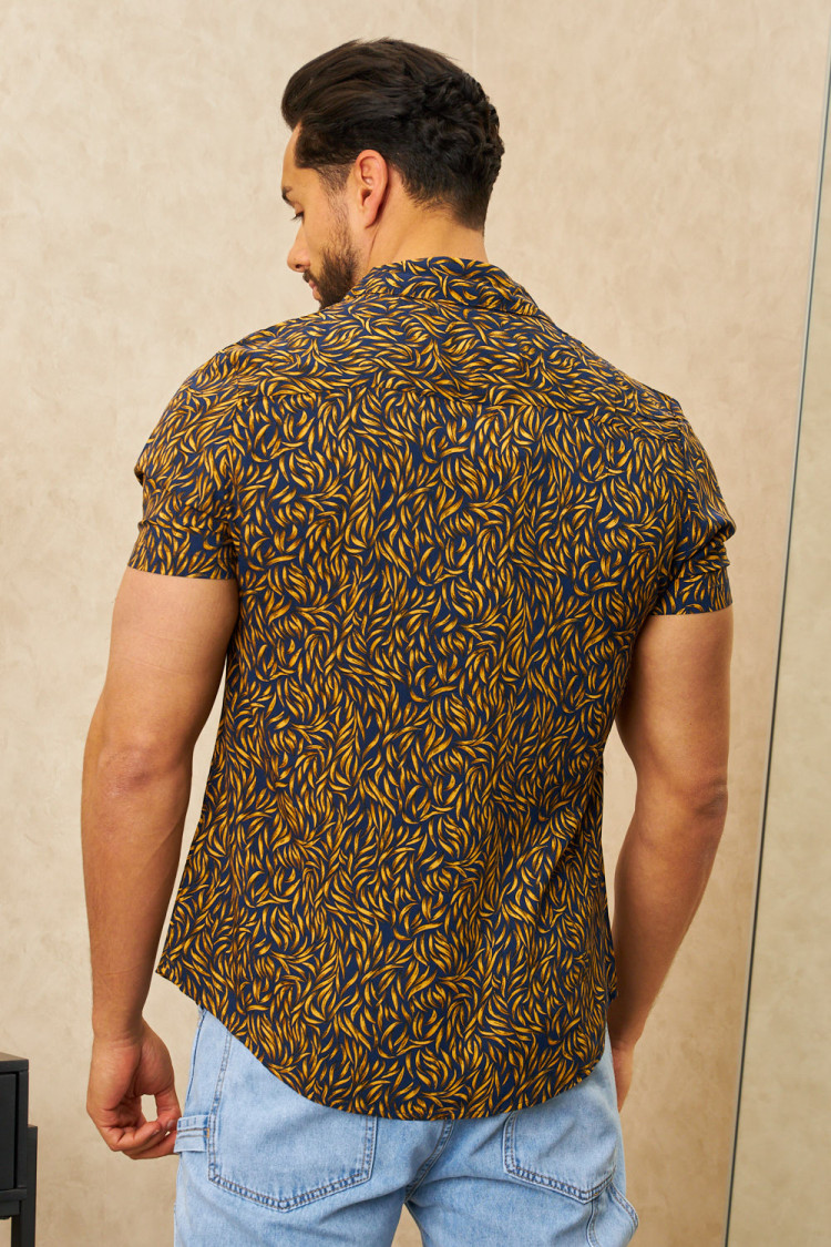 Chemise bleue foncé motif jaune