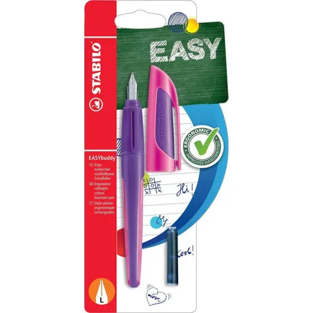 Schulfüller mit Linkshänder-Feder L - STABILO EASYbuddy in lila/magenta - Schreibfarbe blau (löschbar) - Einzelstift - inklusive Patrone