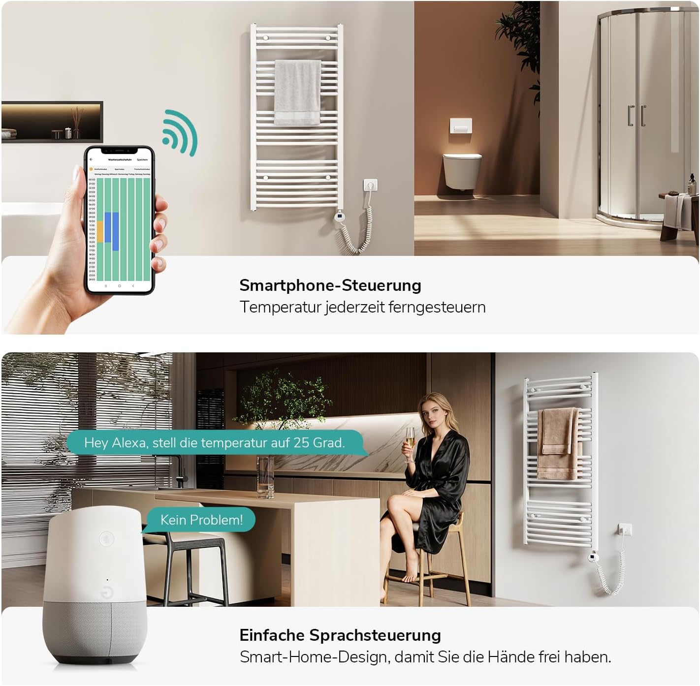 EMKE Handtuchheizkörper Elektrisch mit Thermostat 1400 x 500 mm, WiFi Intelligenter Gebogen Badheizkörper Elektrischer Handtuchwärmer Handtuchhalter mit Heizstab Weiß 600 Watt