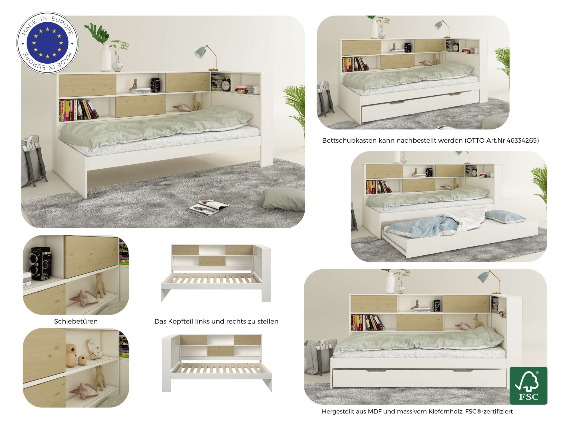 Home affaire Stauraumbett »Amance, Kopfteil beidseitig montierbar, stabil und langlebig, Stauraum« Aussenmasse B/T/H: 110,2/220,1/106,9 cm,  FSC® zertifiziert, inklusive Lattenrost,  Made in EU,Massivholz + MDF