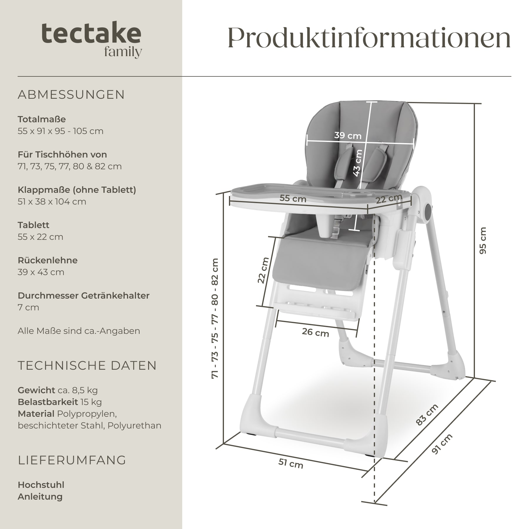 tectake® Hochstuhl, ab den ersten Lebensmonaten, klappbar, pflegeleichter, schmutzabweisender Kunstlederbezug, doppeltes Tablett, Belastbarkeit 15 kg, 55 x 91 x 95 cm