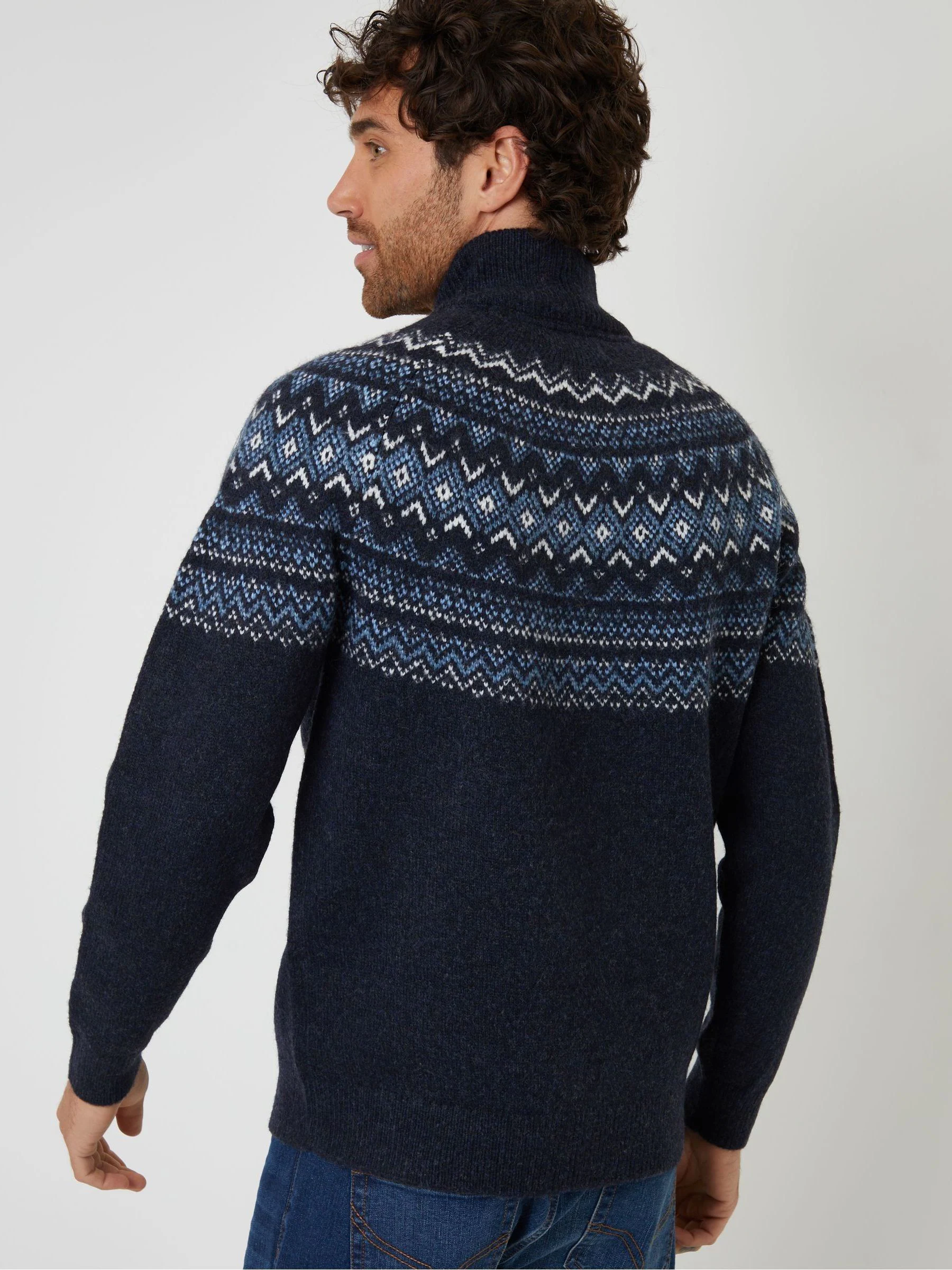 Blauw - Threadbare Fairisle Quarter Zip Knitted Jumper