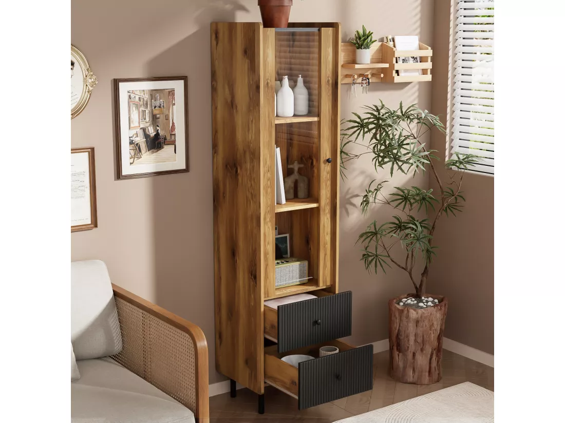 Buffet 180 cm - avec LED et porte vitrée - 2 tiroirs - Naturel + Noir