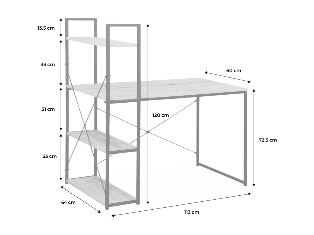 Bureau bibliothèque. Loft. 1 bureau. 3 étagères L 113 cm x l 60 cm x H 120 cm