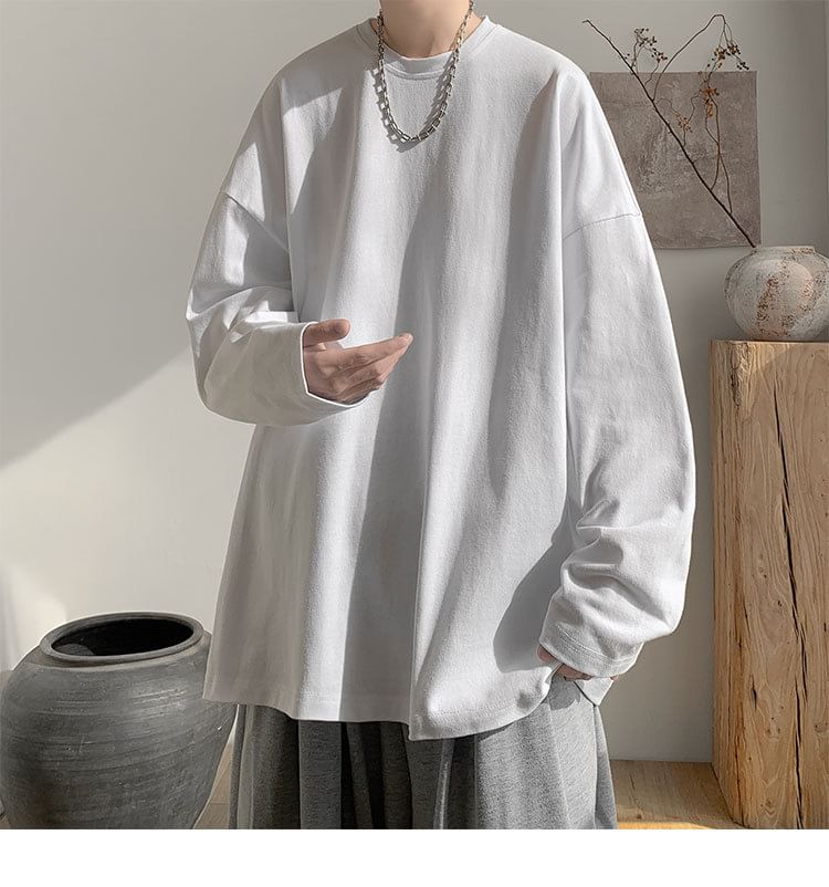FOEV - T-shirt met lange mouwen, ronde hals en effen oversized print