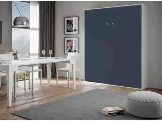 Lit escamotable vertical frêne blanc et porte bleue kanto 160x190