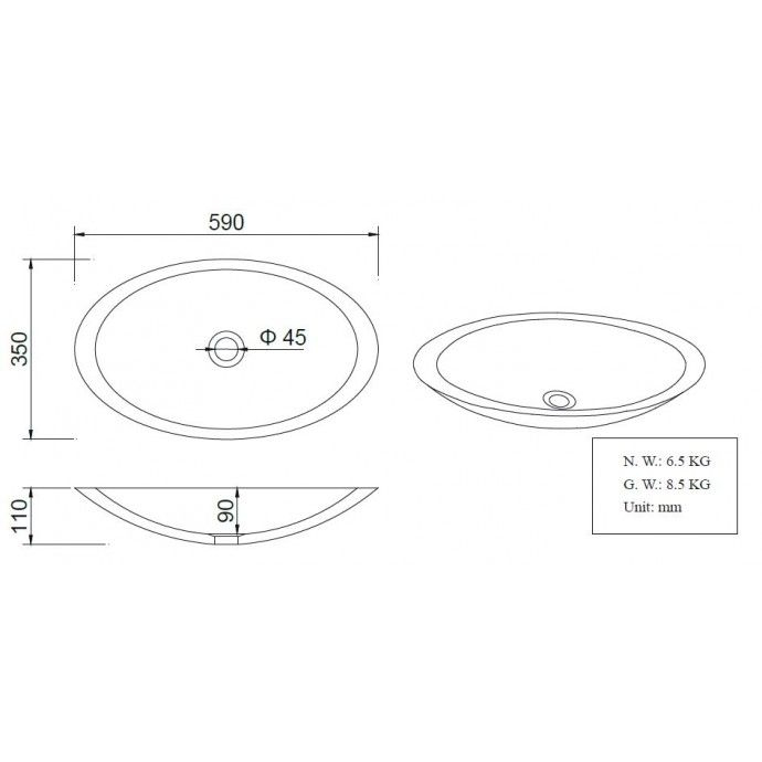 Mueller Mira solid surface wastafel ovaal 59x35x11cm