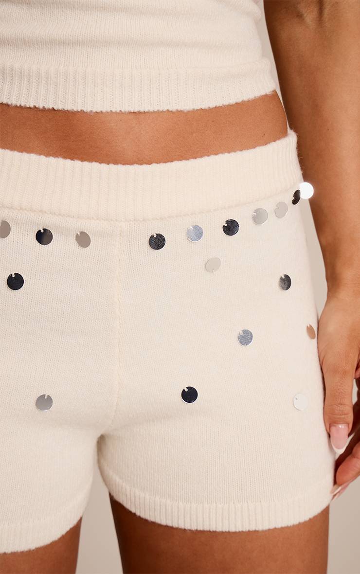 Crème Short Mini Tricoté À Détails Sequins