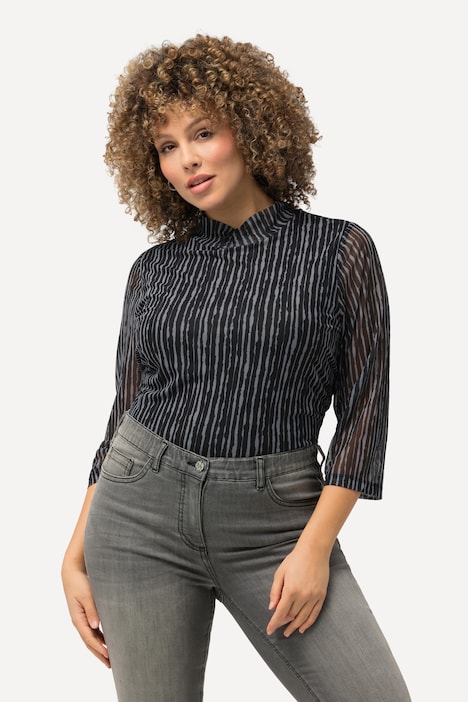 Mesh-Shirt, A-Linie, Stehkragen, 3/4-Arm